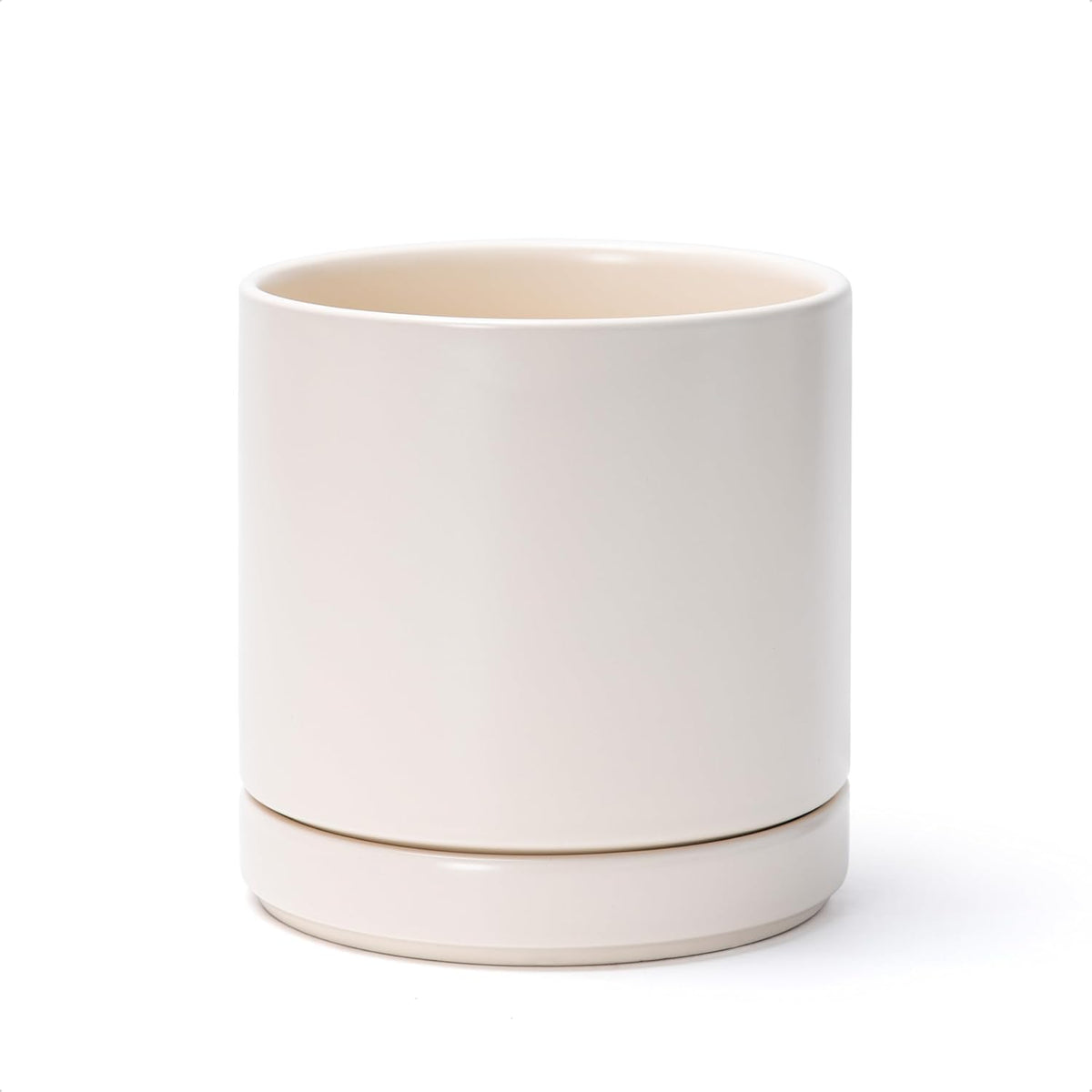 D'vine Dev 6 Inch Ceramic Planter Pot with Drainage Hole and Saucer, Indoor Cylinder Round Planter Pot, Oatmeal, 94-O-C-8