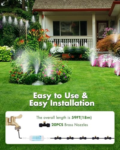 Misters for Outside Patio with Water Filter - 59Ft(18M) Misting system Line 20 Brass Mist Nozzles Brass Adapter(3/4") Patio Misters for Cooling Outdoor Greenhouse Backyard Porch Garden BBQ Party Pool