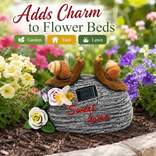 Solar Garden Snail Statue with Sweet Home Sign, Cute Resin Snail Outdoor Decorations with Bee Light for Patio Yard Lawn Porch, Housewarming Gifts for Mom Women