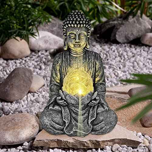 Meditating Buddha Statue with Solar Light,Zen Solar Garden Buddha with Cracked Glass Ball Sculpture-Indoor/Outdoor Decor for Balcony,Garden,Patio,Porch Yard Art Ornament,Gift