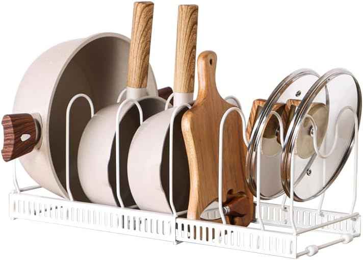 Expandable Pots and Pans Organizer Rack, 7 Compartments, White