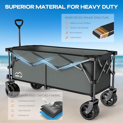 Uyittour 300L Extra Large Collapsible Foldable Wagon, 440lbs Load Capacity 48''L Extended Heavy Duty Folding Beach Wagon with Big All-Terrain Wheels, Utility Garden Cart for Outdoor Activities, Gray