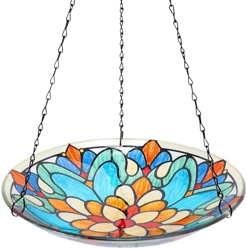 MUMTOP Hanging Glass Bird Bath Outdoors Bird Water Bowl Feeder Garden Decor