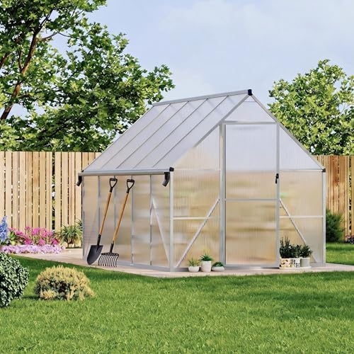 8x10 FT Greenhouse for Outdoors, Polycarbonate Greenhouse with Roof Vent, Lockable Door, Aluminum Walk-in Green Houses for Outside Garden Backyard, Sliver