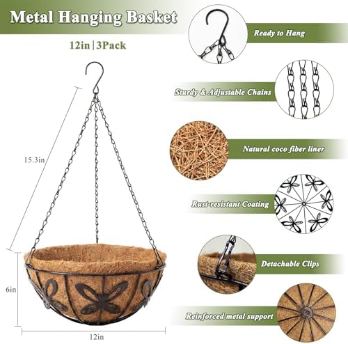 3 Pack Hanging Baskets for Plants Outdoor 12 Inch Butterfly Metal Hanging Planters with Coco Coir Liner, Round Hanging Flower Basket for Home Garden Patio Balcony Porch