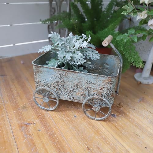 Vintage Flower Cart with Wooden Handles Metal Wagon Planter Blue