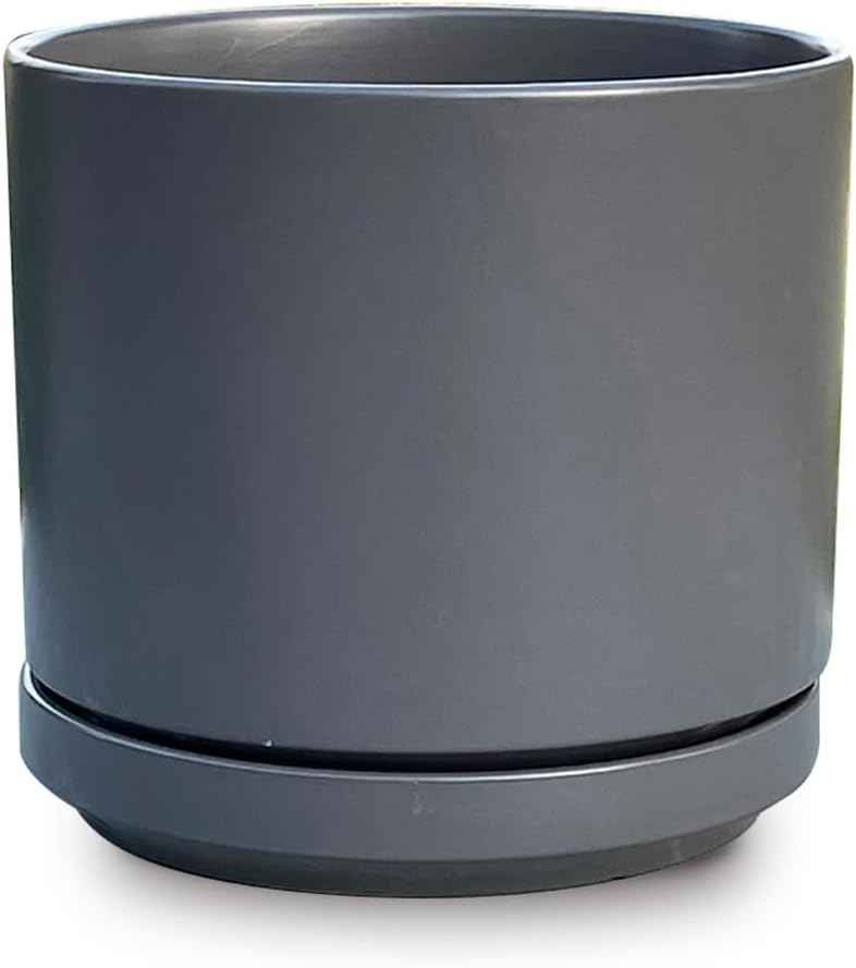 Mid Modern Planter with Detached Saucer (Jet Grey,14.0" D x 12.0" H)
