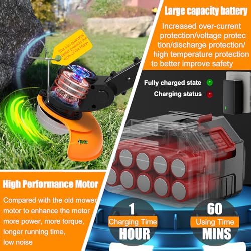 Electric Weed Wacker, Cordless Weed Eater Battery Powered, 21V No String Trimmer with Wheels & Metal Blades, Lightweight Grass Trimmer/Brush Cutter/Lawn Edger, Stringless Weed Trimmer for Yard Garden