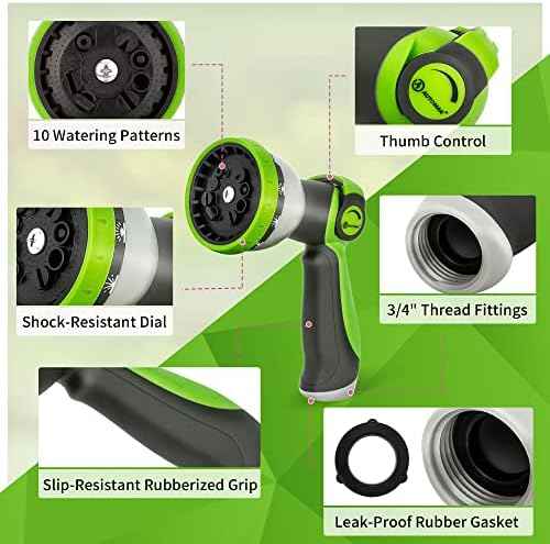 AUTOMAN Garden Hose Nozzle Sprayer - 10 Spray Patterns, Thumb Control On Off Valve, Durable Water Nozzle, Extra 4 Washers, for Watering Garden, Cleaning, Washing Car, Showering Pets Lawngreen