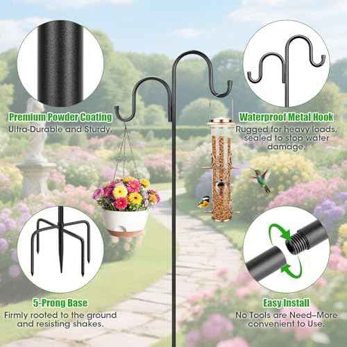 79 Inch Double Shepherds Hooks for Outdoor, Heavy Duty Bird Feeder Pole with 5 Prong Base for Hanging Lantern, Hummingbird Feeder, Lightweight Plant, Shepherd Hook for Bird Feeder for Outside, 2 Packs