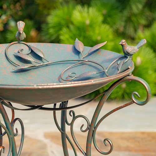 Zaer Ltd. Deep Metal Birdbath with 2 Cast Iron Birds on Rim, Branch and Leaf Detail in Basin, and Porcelain Ball Accent Decoration on Stand (Aged Bronze)