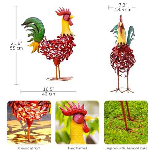 Solar Rooster Statue Garden Decor - 21.7 Inch Yard Decor & Perfect Rooster Gifts for Women, Outdoor/Indoor Red Rooster Decor - Stylish Metal Design (Rooster)