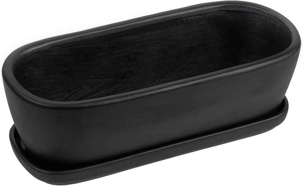 MyGift 14 Inch Oval Modern Matte Black Ceramic Succulent Planter Pot with Drainage Hole and Removable Saucer, Decorative Indoor House Plant Container for Flowers, Cactus, Herbs