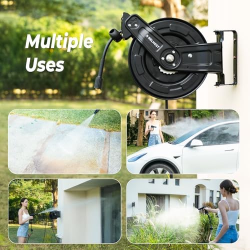 Relhost Pressure Washer Hose Reel, 65 ft x 1/4 inch Retractable Power