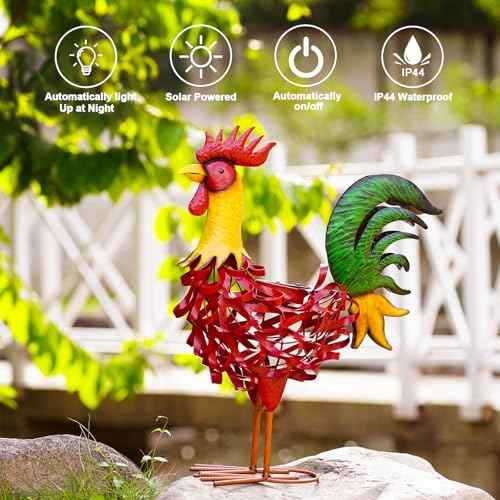Solar Rooster Statue Garden Decor - 21.7 Inch Yard Decor & Perfect Rooster Gifts for Women, Outdoor/Indoor Red Rooster Decor - Stylish Metal Design (Rooster)