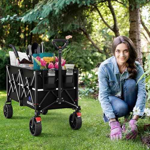 ROSONG Collapsible Wagon Cart with Wheels Foldable - Folding Utility Heavy Duty Wagons Carts for Grocery Sports Garden Shopping Camping Wheelbarrows (Black, 150L)