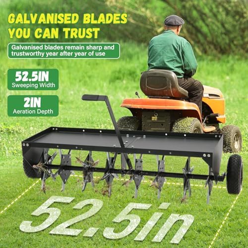 Doniks 52-Inch Tow Behind Lawn Plug Aerator with Universal Hitch, Lawn Aerator Tow Behind with 40 Galvanised Steel Tines,Tray and Inflatable Wheels for Gardens, Lawns, Farms