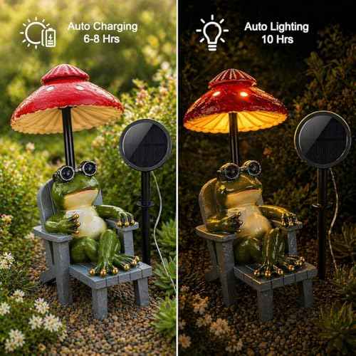 Little Frog Garden Statue with mini Patio Mushroom Solar Lights Outdoor Figurines Halloween Home Decor Fairy Garden Accessories Small Lawn Ornaments 4.5"x4.5"x2.6"