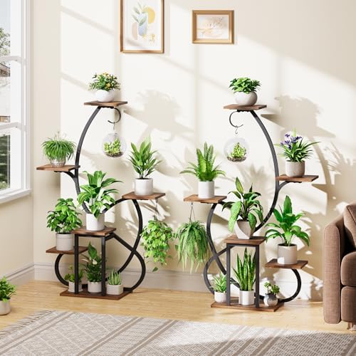 Metal Curved Shaped 6 Tier Corner Plant Stand with Grow Lights, 47"