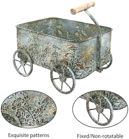 Vintage Flower Cart with Wooden Handles Metal Wagon Planter Blue