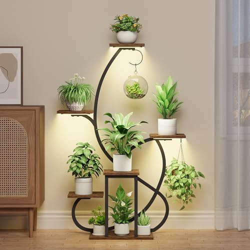 Metal Curved Shaped 6 Tier Corner Plant Stand with Grow Lights, 47"