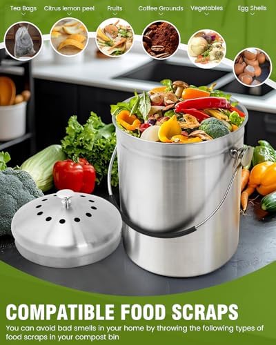 Countertop Compost Bin Kitchen Stainless Steel 1.3 Gallon