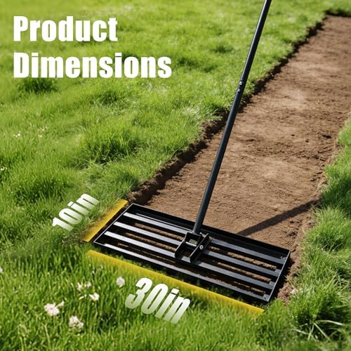 Lawn Leveling Rake, 30" x 10" Stainless Steel Head, Ergonomic Bent