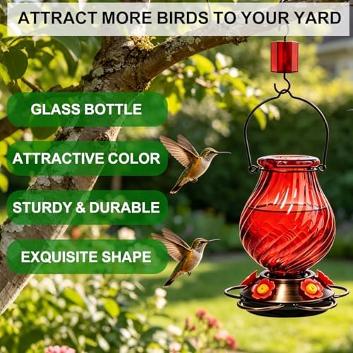 32oz Large Glass Hummingbird Feeders for Outdoors Hanging,Large Capacity Red Hummingbird Feeder with Built-in Ant Moat,Glass Humming Bird Feeder,Gifts for Mom Dad,Outside Garden Décor