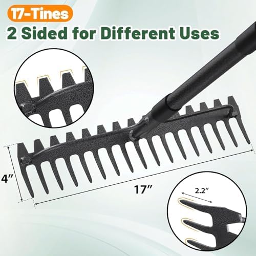 Garden Rake, 60 Inch Long Handle with 17 Tongs, Heavy Duty Metal Bow Rake for Loosening Leveling Soil, Garden Leaf Rake for Raking Leaves Grass , Weeding, Yard Thatch Lawn Care Garden Tool