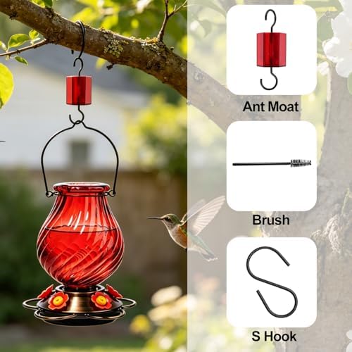32oz Large Glass Hummingbird Feeders for Outdoors Hanging,Large Capacity Red Hummingbird Feeder with Built-in Ant Moat,Glass Humming Bird Feeder,Gifts for Mom Dad,Outside Garden Décor