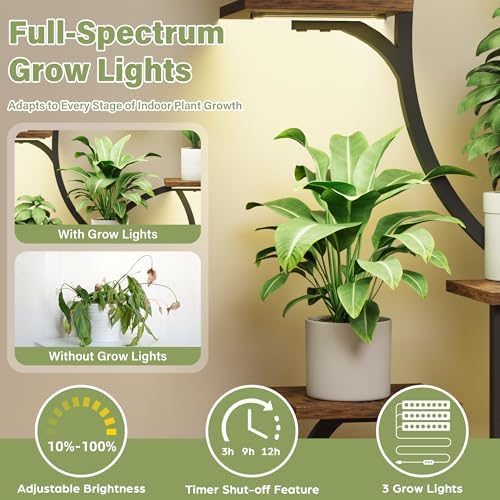 Metal Curved Shaped 6 Tier Corner Plant Stand with Grow Lights, 47"