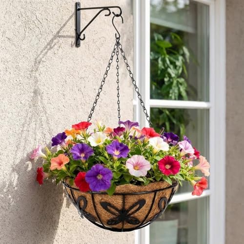 3 Pack Hanging Baskets for Plants Outdoor 12 Inch Butterfly Metal Hanging Planters with Coco Coir Liner, Round Hanging Flower Basket for Home Garden Patio Balcony Porch