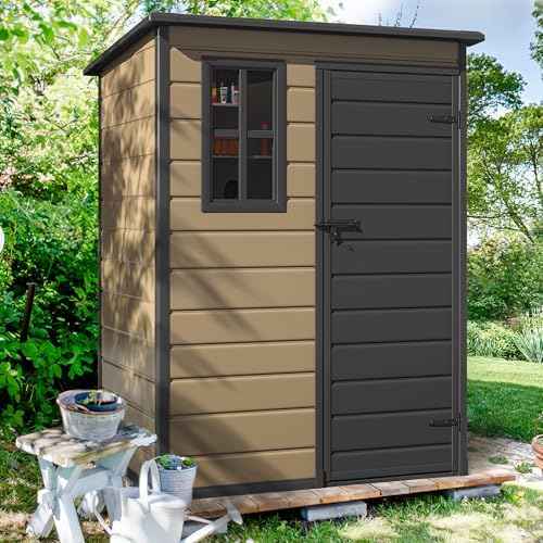 DWVO 5x3ft Resin Outdoor Storage Shed with Floor, Waterproof Lockable Storage Shed with Window, Plastic Outside Tool Storage for Garden, Backyard, Patio, Lawn, Brown