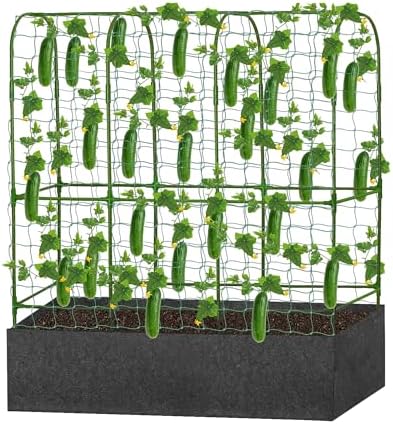 GENMOUS Garden Trellis for Climbing Plants, Cucumber Trellis with Grow Bag, 65 X 50 Inch Large Metal Trellis for Climbing Raised Bed Vegetable Outdoor