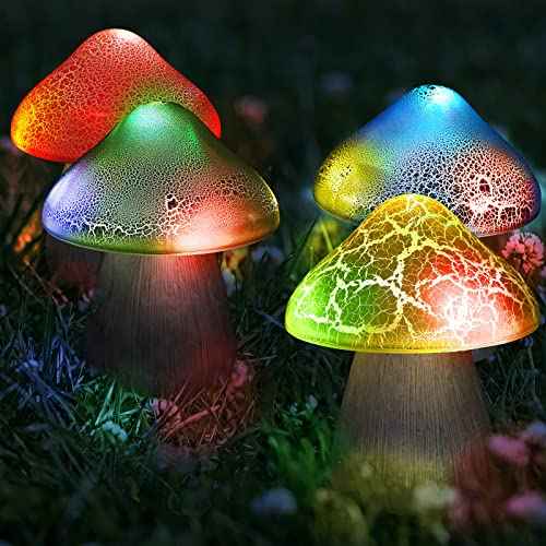 4 Pcs Solar Mushroom Light Outdoor Crack Solar Garden Decor Light 4.7x5.7 Inch Summer Stake Lamp Waterproof Mushroom Pathway Landscape Lamp Garden Gnomes Backyard Flower Bed Yard Lawn Pathway