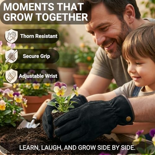 Leather Work Gardening Gloves for Men Women, Thorn-Proof Rose Pruning