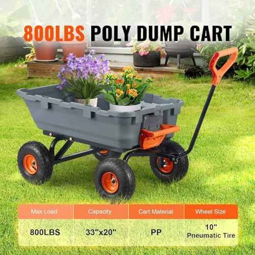 Garden Dump Cart, 800 Lbs Heavy Duty Utility Wagon with 10 inch Tires, Poly Steel Frame, 2-in-1 Handle, Easy Dump Wheelbarrow for Yard, Farm, Outdoor