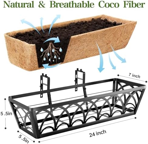 24 Inch Railing Planter Box Window Boxes Planters - 2 Pack Deck Railing Planter Boxes with Adjustable Brackets Coco Liners Balcony Planters Railing Hanging for Window Flower Boxes Outdoor Garden Decor