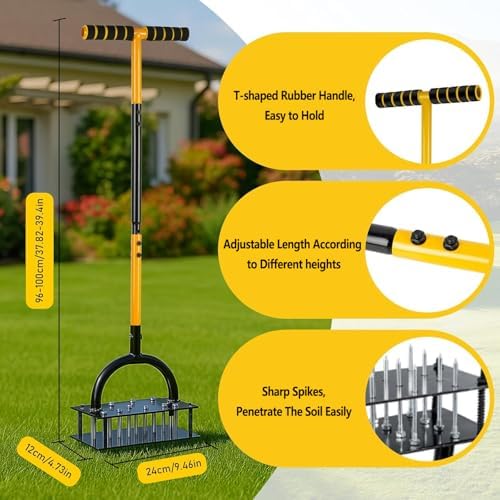 Lawn Aerator Tool with 16 Steel Spikes, Grass Aerator Lawn Tools with Spring-Loaded Design & Adjustable T-Handle, Pre-Assembled Hand Aerator Lawn Tool for Lawn, Courtyard and Garden