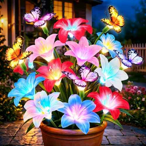 4 Pack Solar Garden Lights Outdoor, 7 Color Changing Lily Flower Lights | Silk lily Petals With Butterflies, 32 Warm LEDs, 800mAh Solar Power, IP65 Waterproof for Gardens, Patios, Flower Beds, Yards
