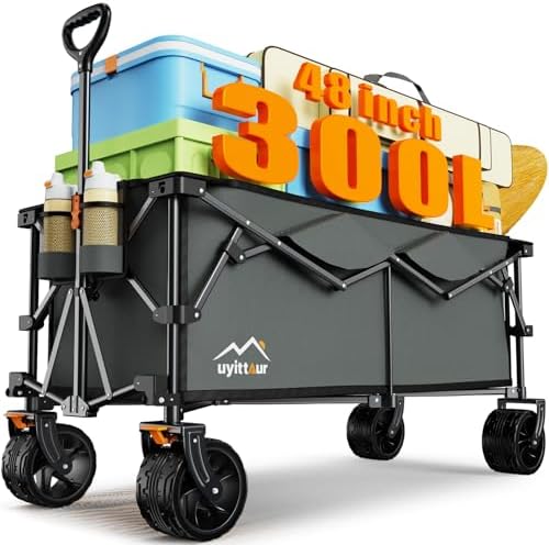 Uyittour 300L Extra Large Collapsible Foldable Wagon, 440lbs Load Capacity 48''L Extended Heavy Duty Folding Beach Wagon with Big All-Terrain Wheels, Utility Garden Cart for Outdoor Activities, Gray