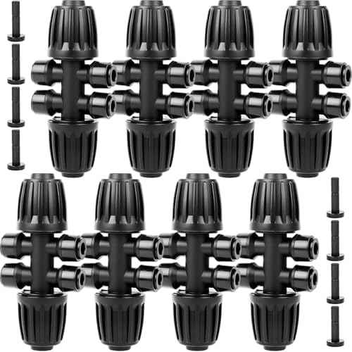Quick Connect 1/2 to 1/4 Drip Irrigation Fittings, Upgraded 6-Way Drip Irrigation Parts 1/2 Inch Irrigation Tubing Anti-Leak Barbed Tee Connectors with 8 End Plugs, 8Pack (0.6-0.67" OD)
