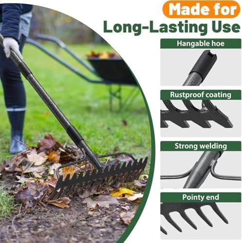 Garden Rake, 60 Inch Long Handle with 17 Tongs, Heavy Duty Metal Bow Rake for Loosening Leveling Soil, Garden Leaf Rake for Raking Leaves Grass , Weeding, Yard Thatch Lawn Care Garden Tool