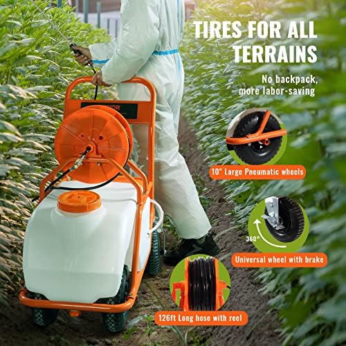 VEVOR Battery Powered 15 Gallon Garden Weed Sprayer with Wheeled Cart, 126FT Hose with Reel, 8 Nozzles, 2 Wands with Lock Trigger, 0-90PSI, 5-6h Spray Time, Wide Mouth Lid, Rotating Wheels with Brake