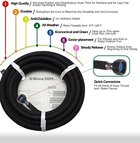 Soaker Hose 100ft - 1/2 Round Rubber Garden Soaker Hoses Kit, Heavy Duty Irrigation Drip Hose, Water Seeper Soaking Hose for Gardens, Flower Beds And Lawn Yard