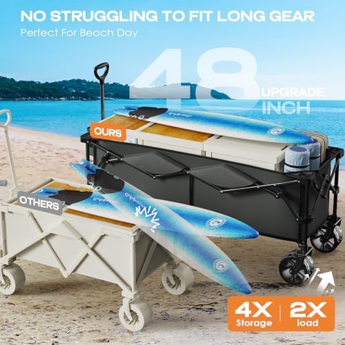 Uyittour 300L Extra Large Collapsible Foldable Wagon, 440lbs Load Capacity 48''L Extended Heavy Duty Folding Beach Wagon with Big All-Terrain Wheels, Utility Garden Cart for Outdoor Activities, Gray