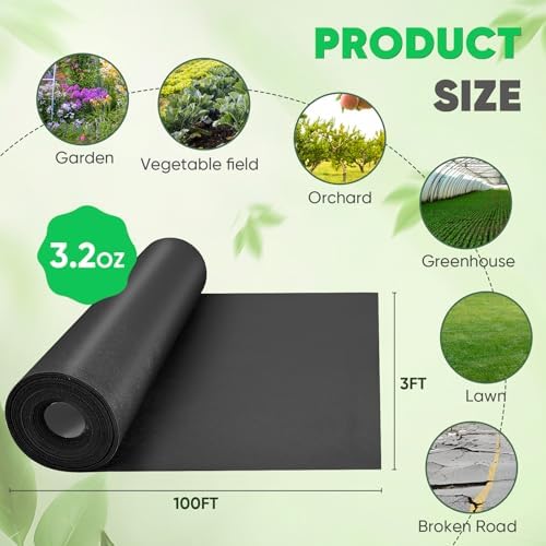 Non-Woven Thick Weed Barrier Fabric 3FT x 32FT, 3.2 oz Heavy Duty Weed Barrier Landscape Fabric, Ground Cover for Superior Weed Control, Easy Setup for Gardens, Landscaping, Flower Beds
