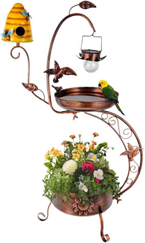 DREAMSOUL Solar Bird Bath with Bird House, 3 in 1 Bird Bath for Outside with Flower Planter, Metal Birdbath with Solar Light for Garden Yard Decor