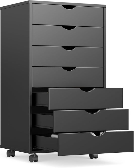 OLIXIS 7 Drawer File Cabinet on Wheels, Printer Stand | Fits Under Desks, Wood Storage Organization Holds Printer, Office Supplies, Not For Hanging Files, For Home Office Use Black - Field & Nook