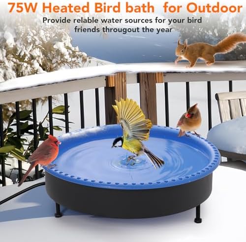 Yiabivo 2 in 1 Heated Bird Bath for Outdoors for Winter,75W Bird Bath Heater with Thermostatically Controlled，Heated Bird Bath for Deck Railing for All Seasons Outdoor Garden Yard Patio Lawn(Blue)